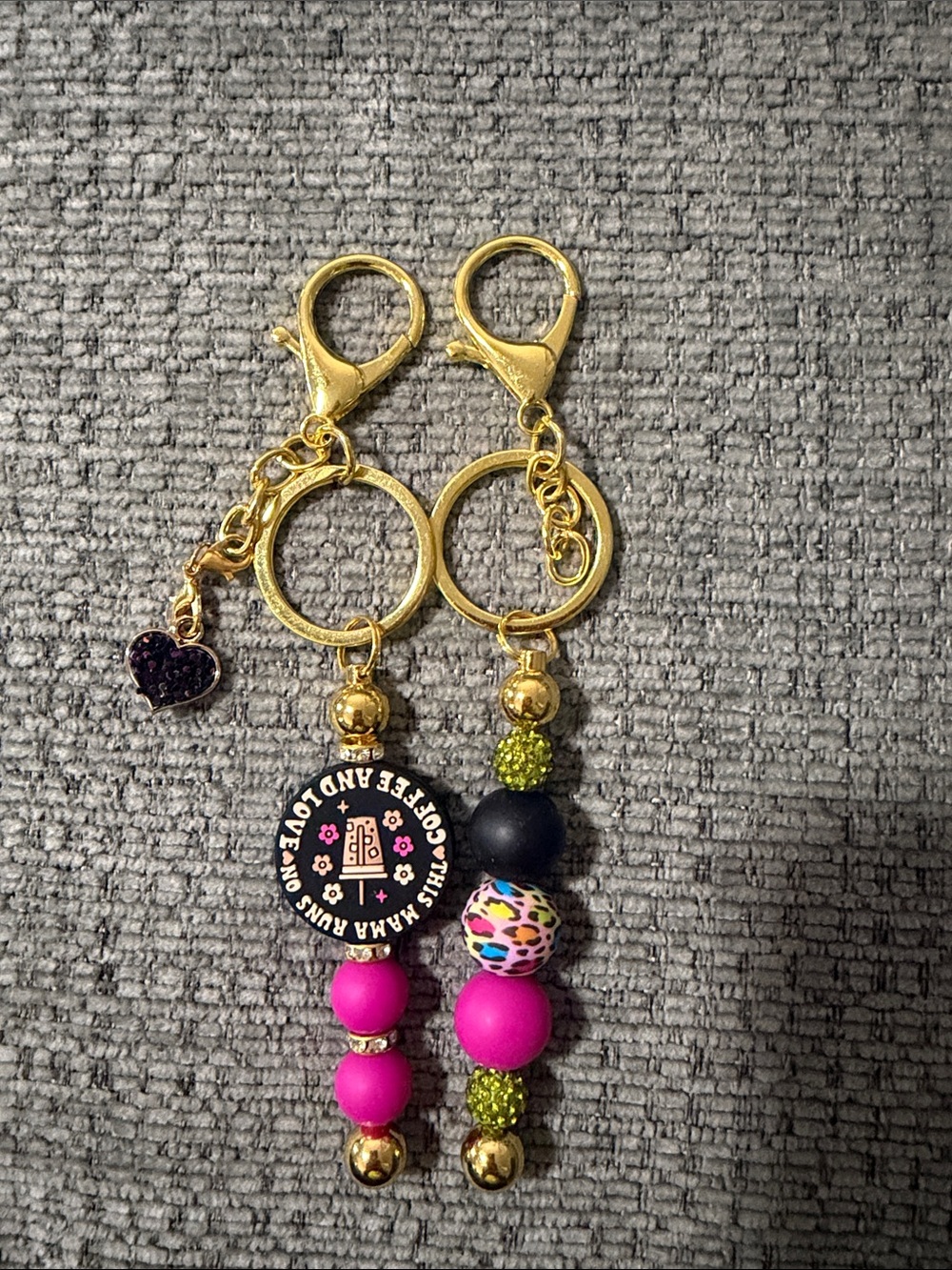 Handmade Gold & Hot Pink Beaded Keychain Pair with Black Accent
